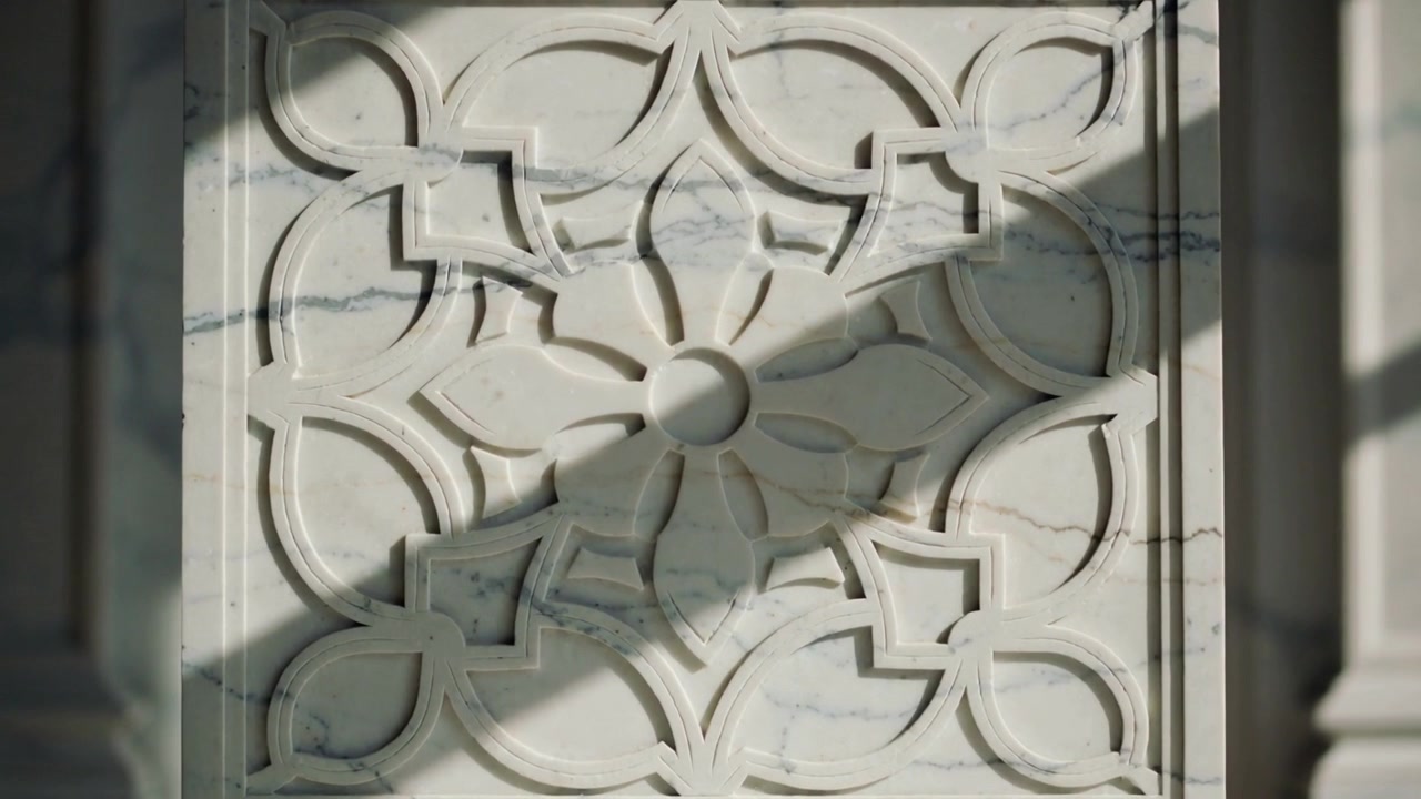 Luce della finestra che si sposta e attraversa un pannello di marmo intagliato in una sala formale, rivelando un rilievo venato.