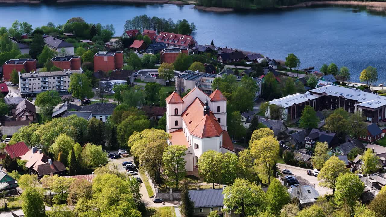 Church building of Trakai township, aerial orbit view