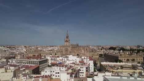 toma aérea del centro de la ciudad de sevilla con la catedral gótica y el famoso campanario de la giralda.