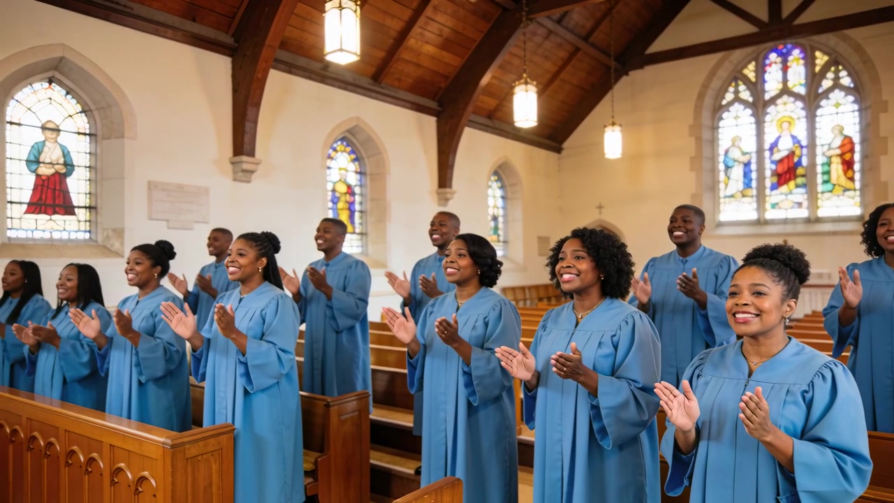 Reacting to hymn start, choir singing and clapping at church in worship, wearing lightblue robes