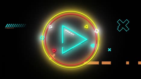 animation of blue neon triangle in yellow and red rings, with crosses and lines on black background