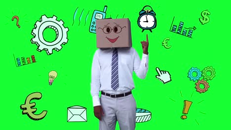 Businessman-with-a-carton-on-the-head-pointing-at-an-animated-alarm-clock-