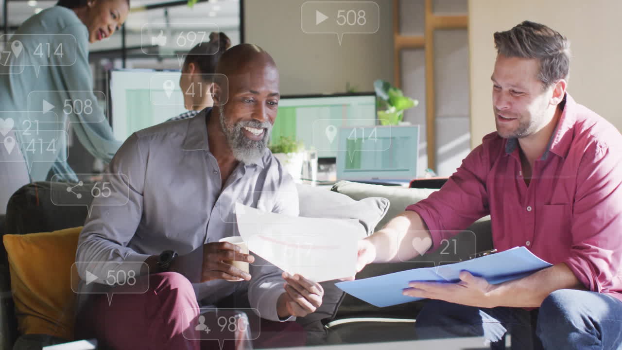 Animation of social media data processing over diverse business people in office