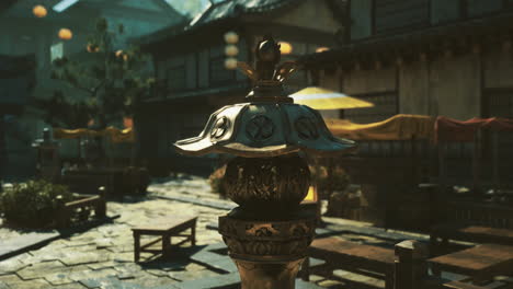 golden lantern in a tranquil courtyard during a sunny afternoon