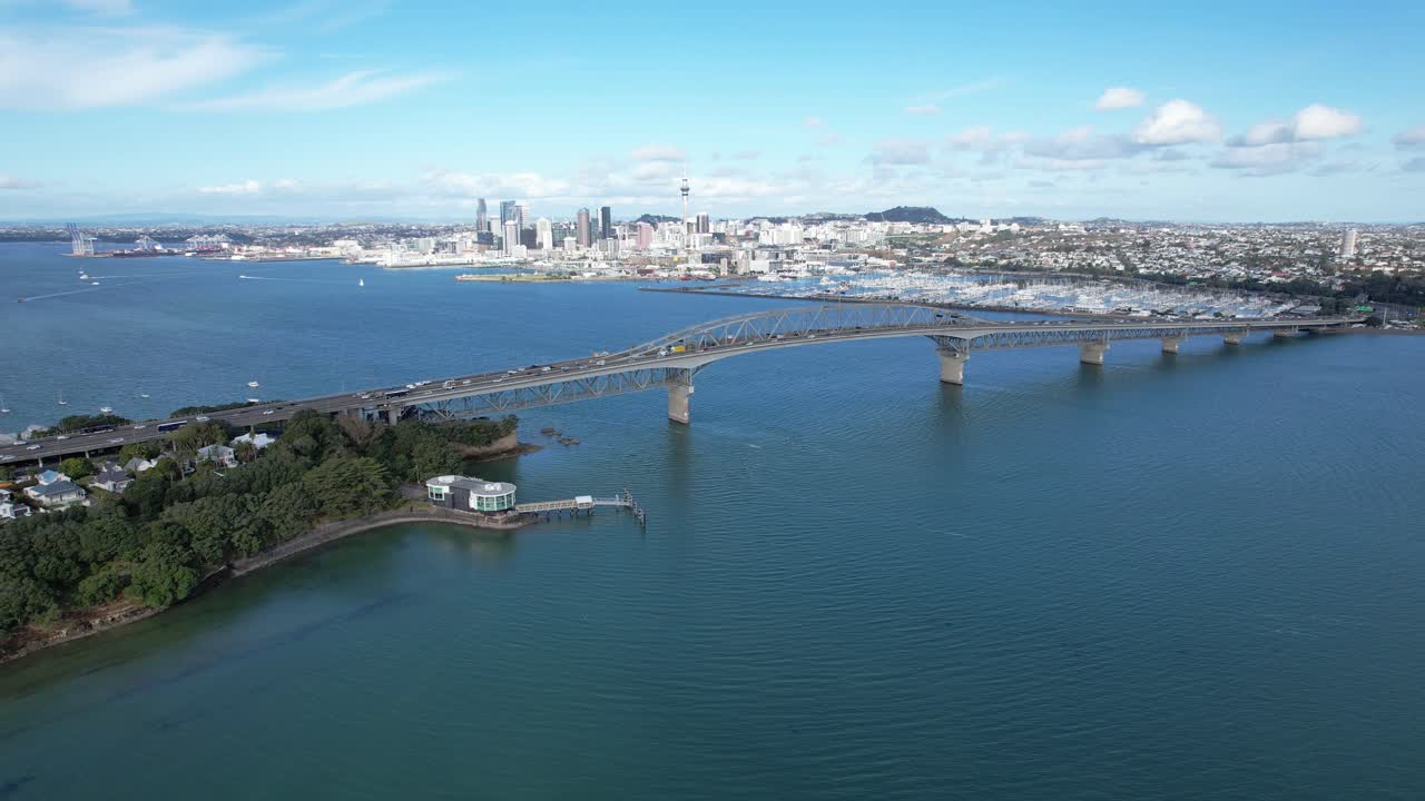 Aerial View of Auckland Harbour Bridge and City Skyline