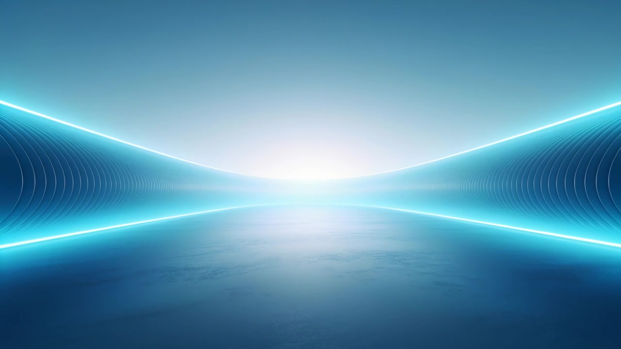 Brightening center glow revealing ribbed tunnels and boosting floor glow in 3D hall with cyan neon