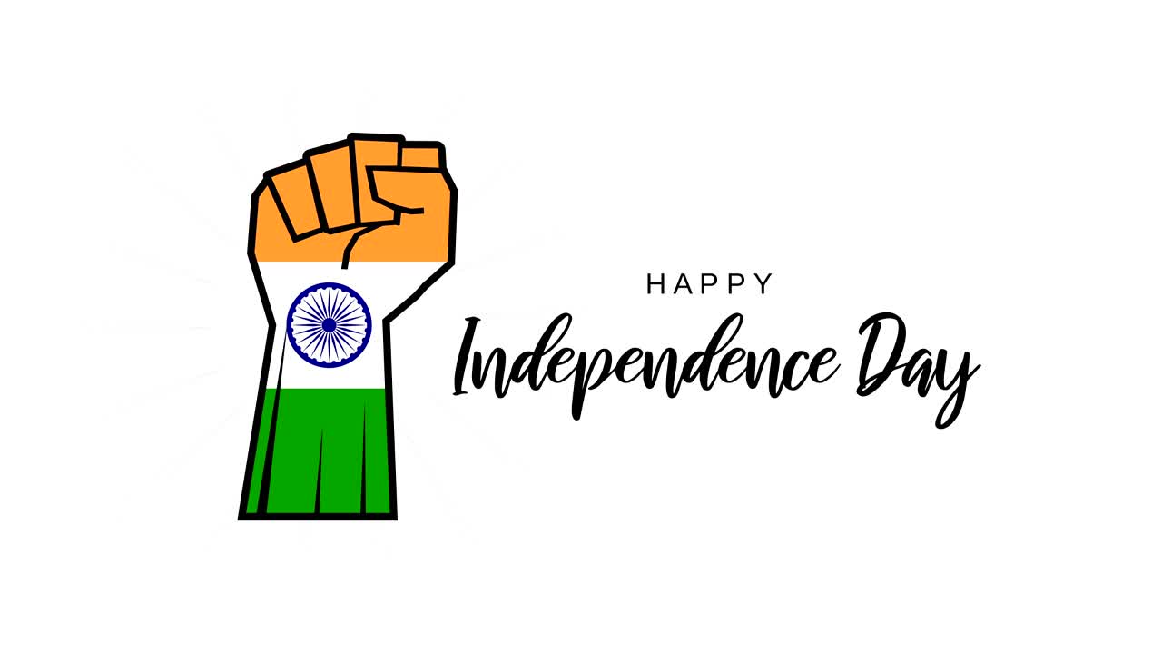 Giorno dell'Indipendenza dell'India su sfondo bianco con un pugno che rappresenta la bandiera dell'India. Animazione 4k
