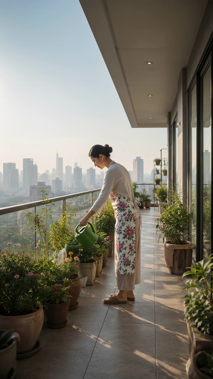 Donna si prende cura delle piante sul balcone, versando acqua da un annaffiatoio verde in vasi di terracotta e plastica accanto a una ringhiera di vetro, poi indietreggiando in una luce calda con lo skyline della città sullo sfondo.