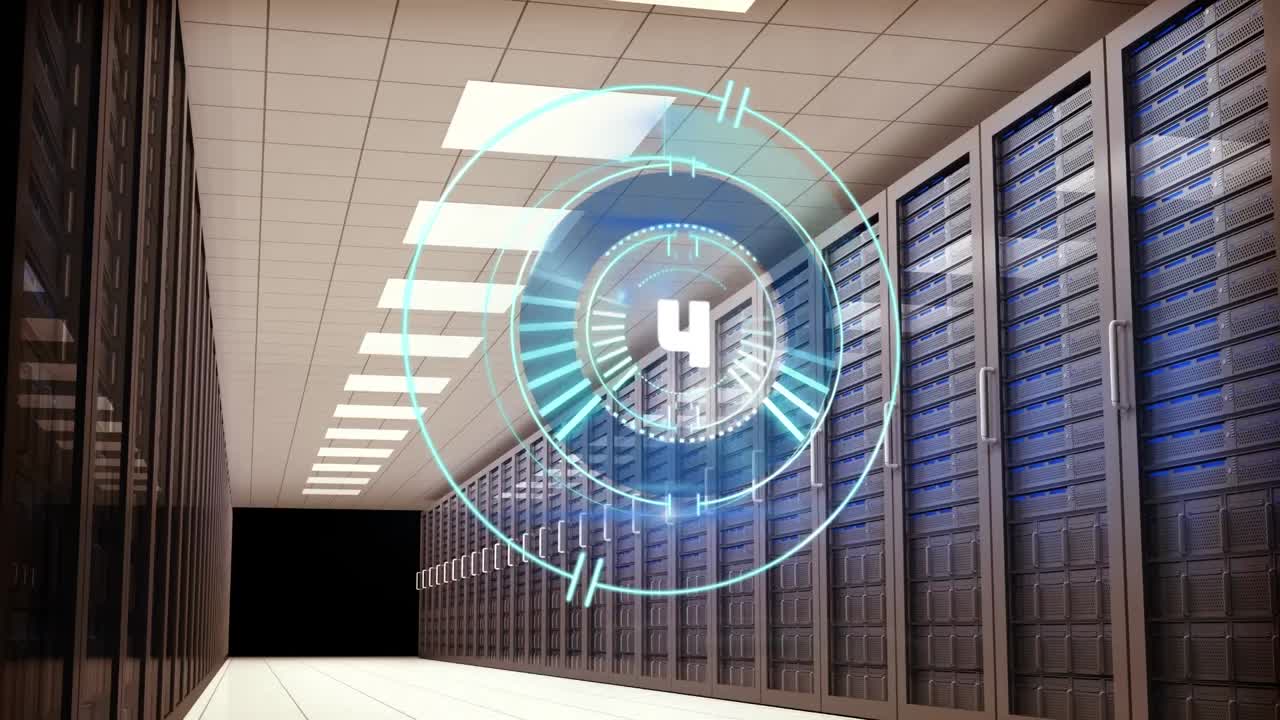 Animation of scope scanning with countdown over computer servers in tech room
