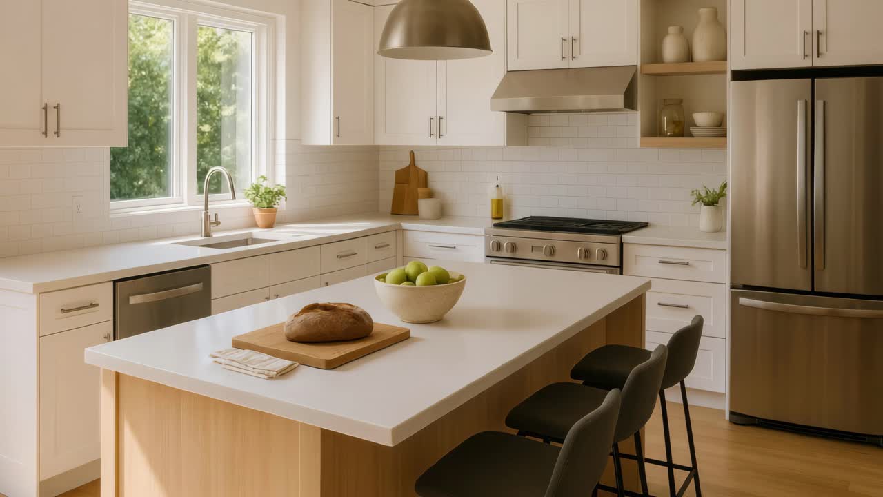 Bright, modern kitchen with a cozy feel. Wide-angle shot captures island, stainless appliances
