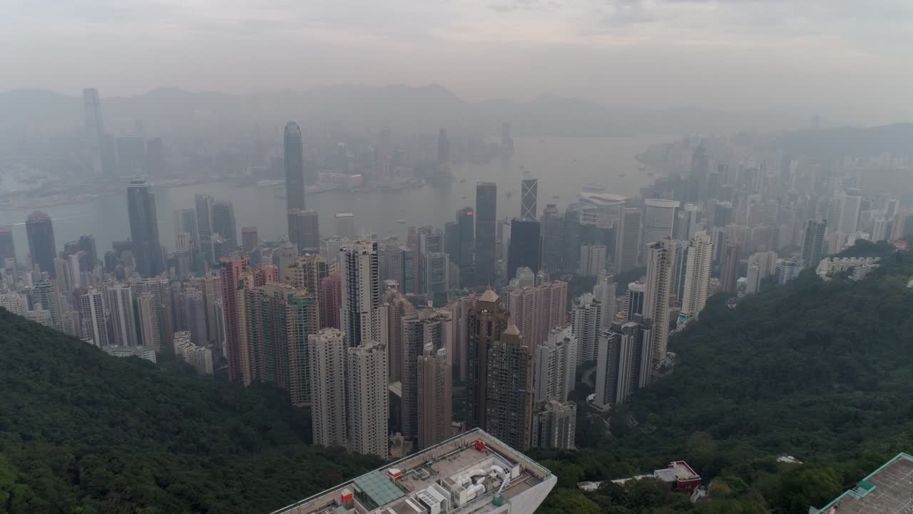 hong kong famoso el punto de vista de la cima de la mañana panorama aéreo 4k china