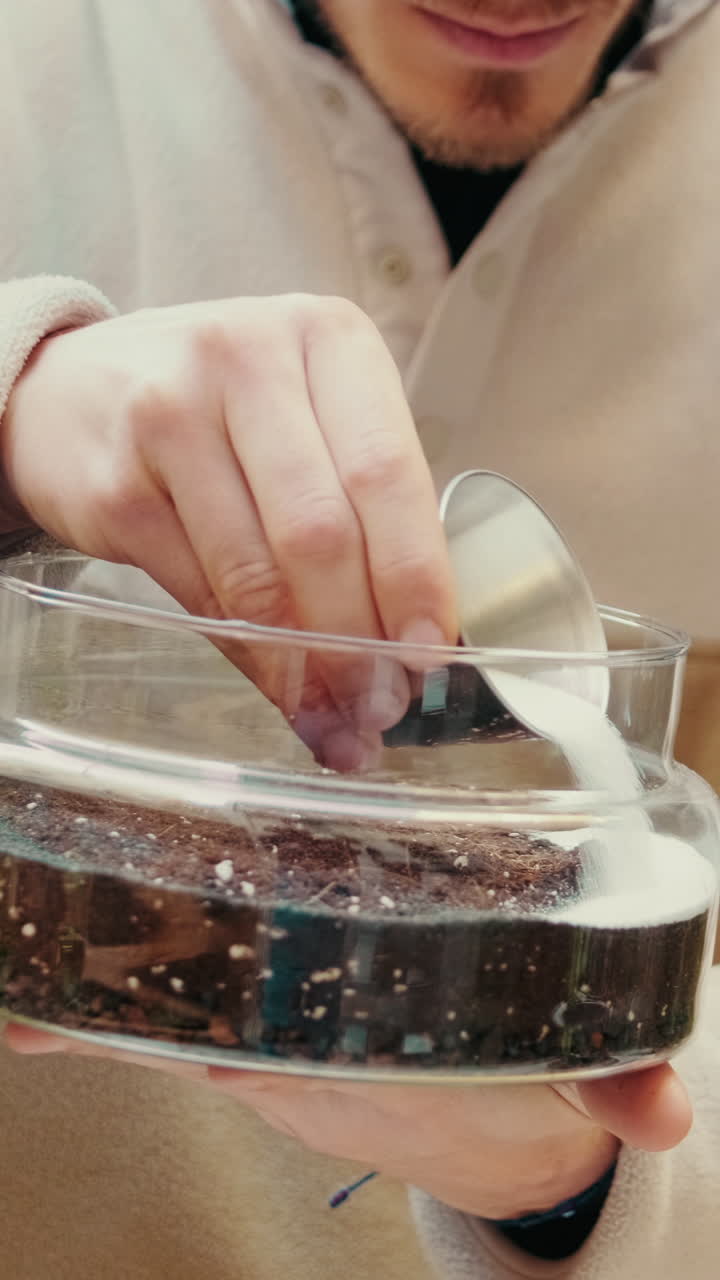 Person Pouring White Sand into a Glass Terrarium with Soil and Water