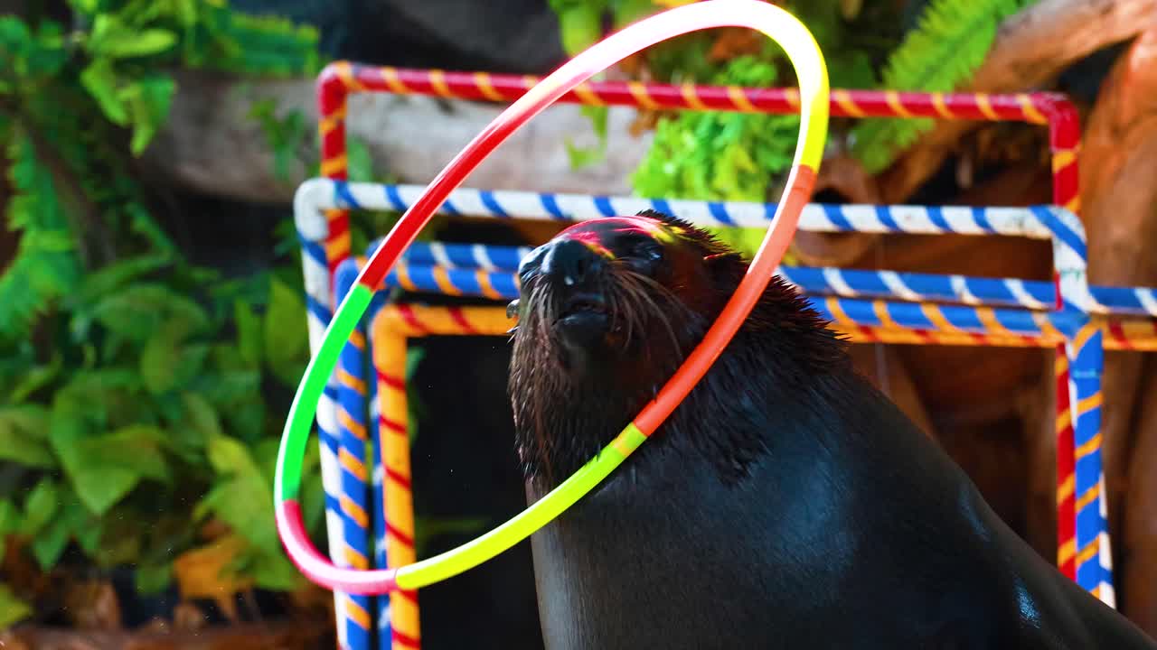 el león marino actúa con hula hoops en el zoológico