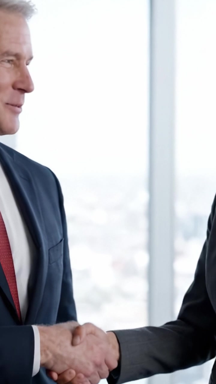 Professionisti aziendali sorridenti insieme in un luminoso ambiente d'ufficio con uno skyline cittadino sullo sfondo