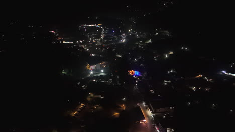 panoramic drone shot overlooking illuminated streets of munnar, night in india