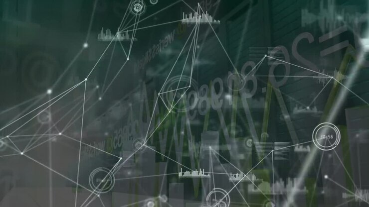 Animation of connections, l data and graphs processing on grey digital screen