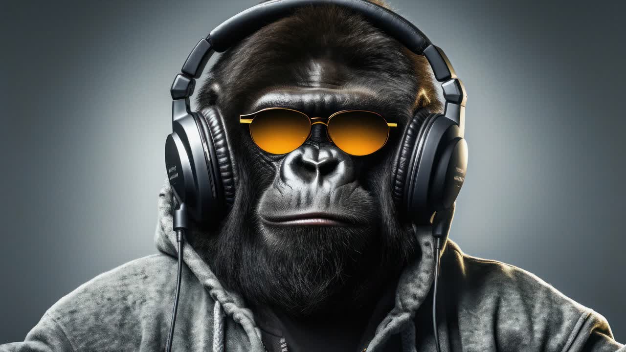 A gorilla wearing headphones and sunglasses in a hoodie, shot from a front angle
