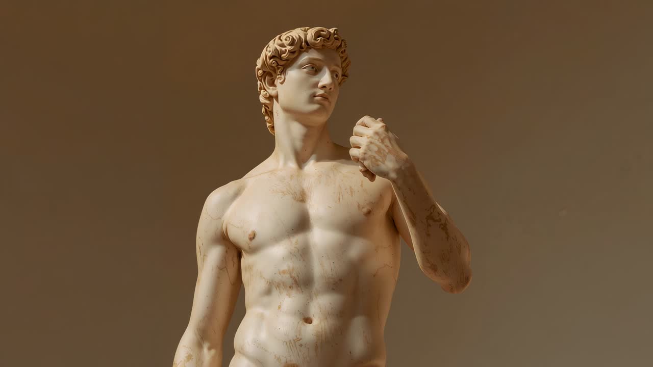 Alejándose, inclinándose hacia arriba, la cámara revela una estatua de mármol con torso desnudo en una galería para su exhibición