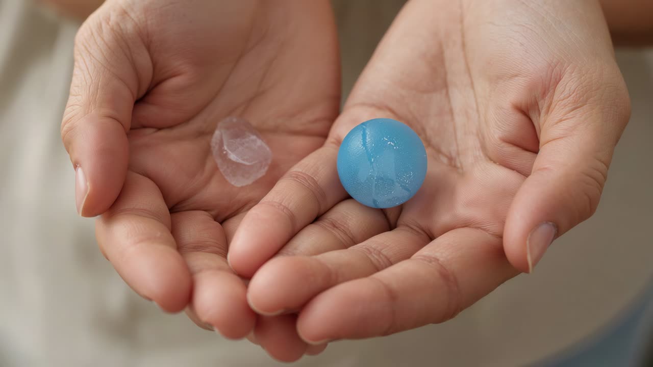 Holding woman's hands showing gel and blue sphere in beige room, camera starting to compare