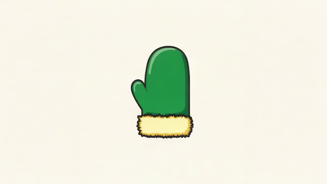Loop starting stylized green mitten rocking slowly on cream paper, showing yellow cuff and shading