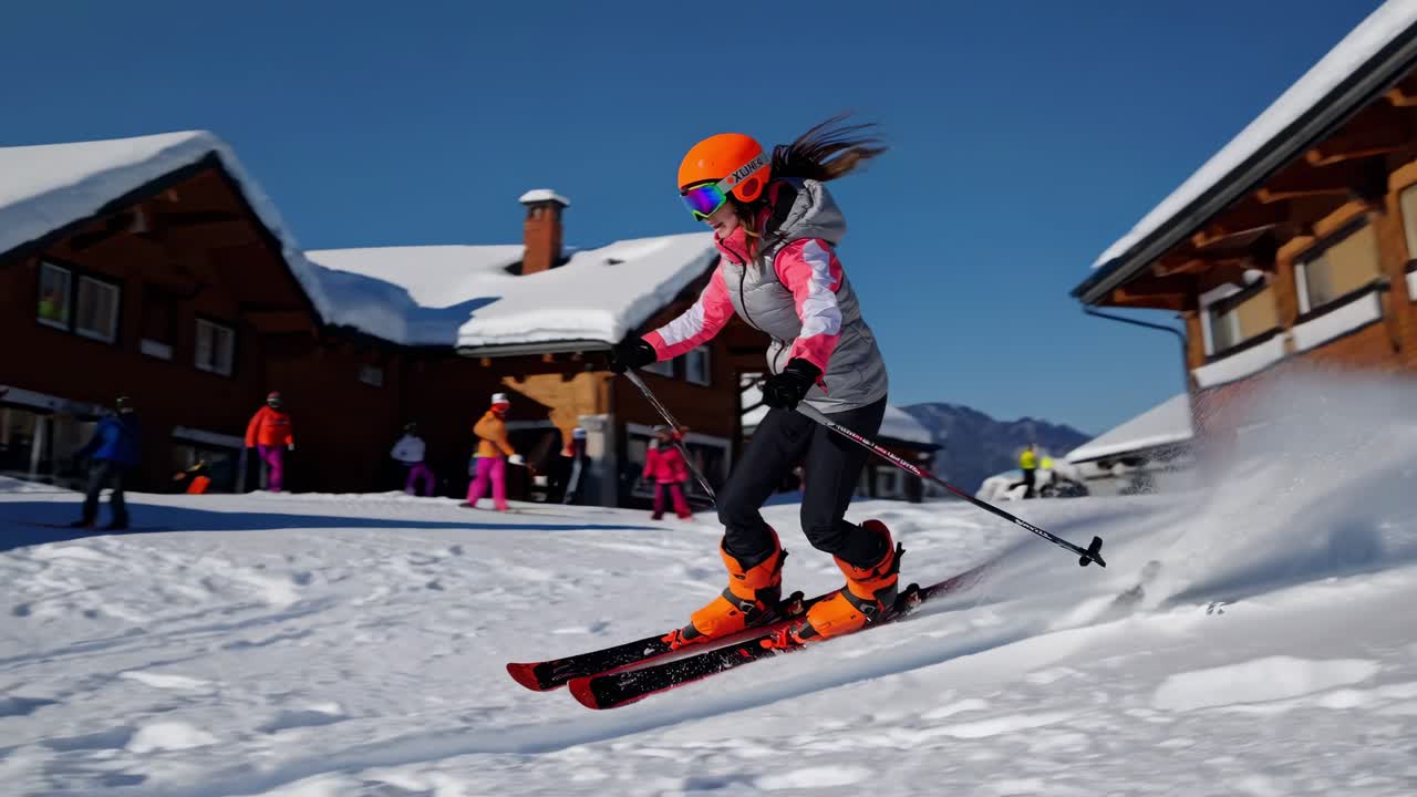 숙련된 여성 스키 선수는 눈으로 인 알파인 경사, 밝은 빛 하늘 아래 산의 나무 사이에 자리 잡은 나무 레를 정확하게 회전합니다.