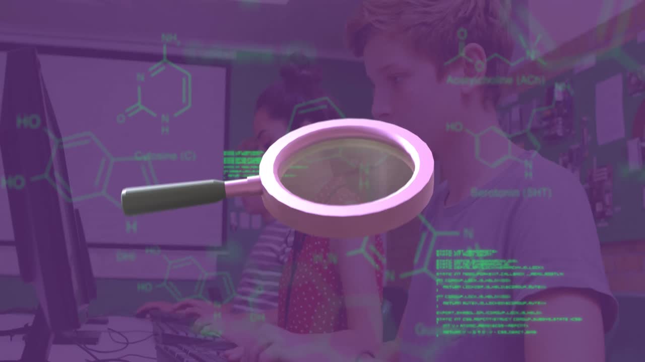 animación de lupas y diagramas de cadenas de adn sobre diversos niños en clase escolar