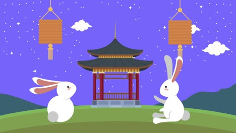 happy mid autumn festival animation with rabbits and pagoda