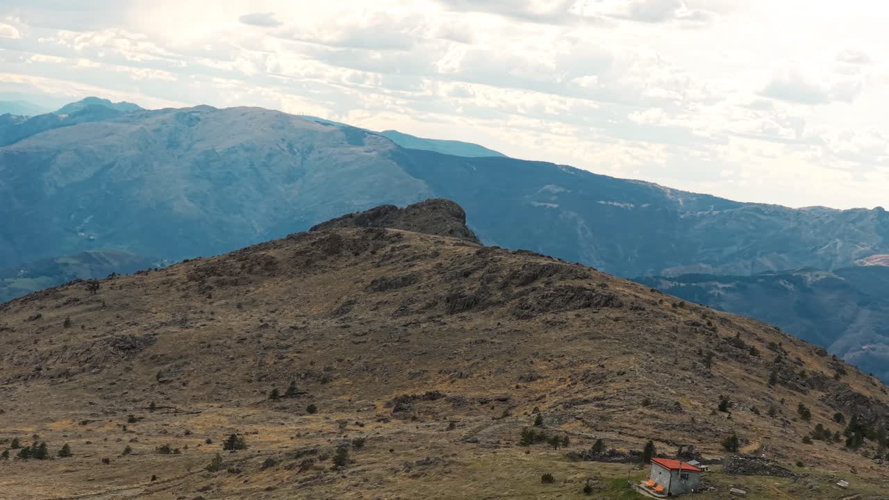 Stone Huts On Mountain Ridge In Praglia, Liguria, Northern Italy. drone shot