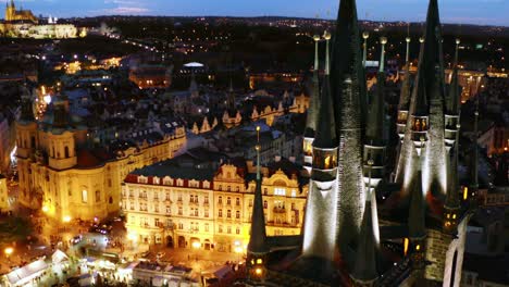 aerial view easter market in prague at twilight