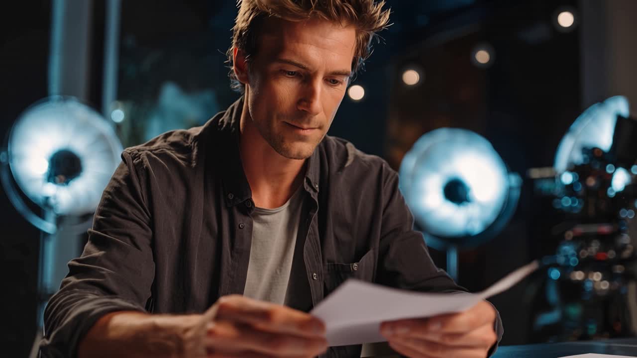 Mand læser avis, med lukkede øjne, fokuseret og eftertænksom. Filmstudiebelysning skinner blødt bag ham. Hans udtryk viser stille koncentration og dyb tanke. Perfekt til forretning og kreative formål.