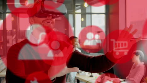 animación de iconos digitales sobre un hombre de negocios caucásico con auriculares vr