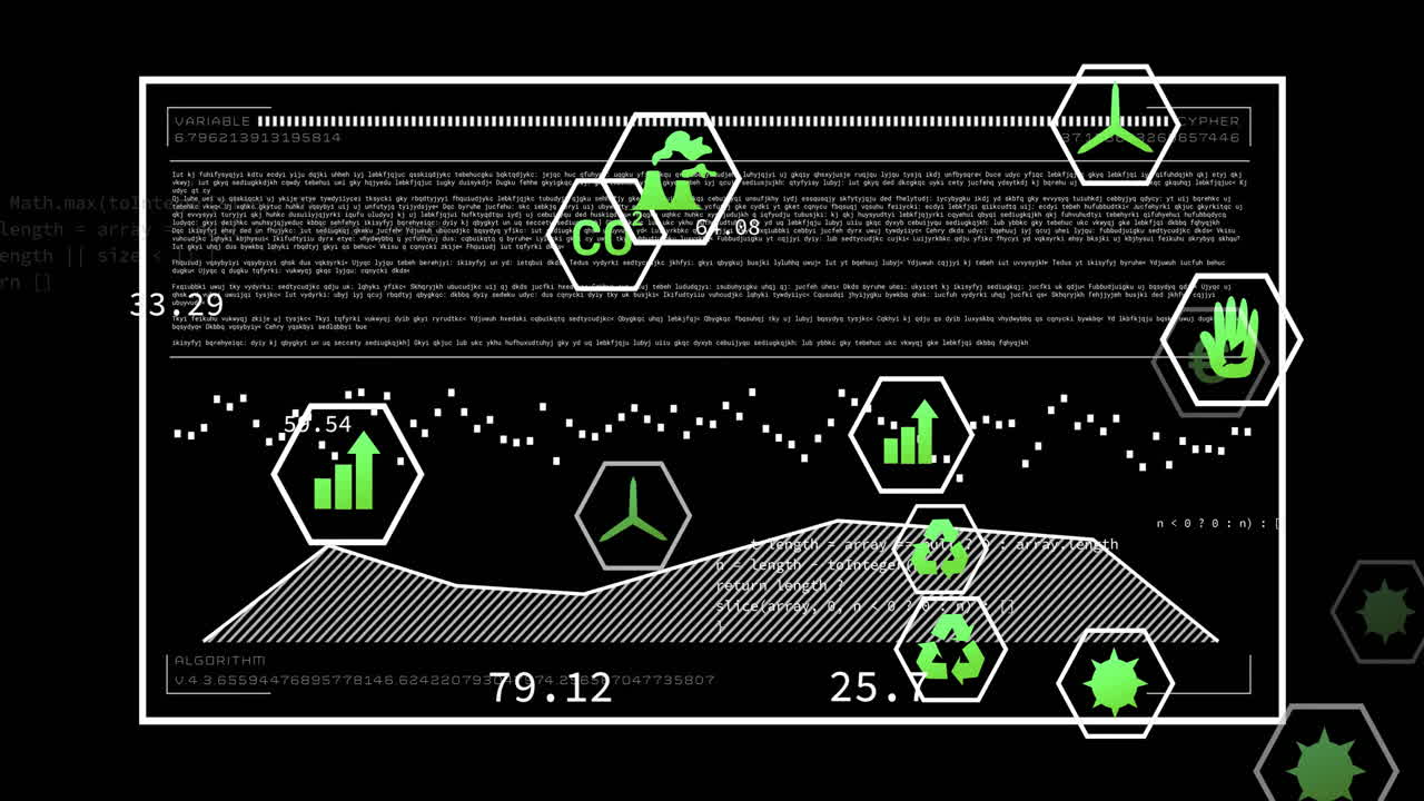 검은색 배경에 데이터 처리를 통해 생태학 아이콘의 애니메이션