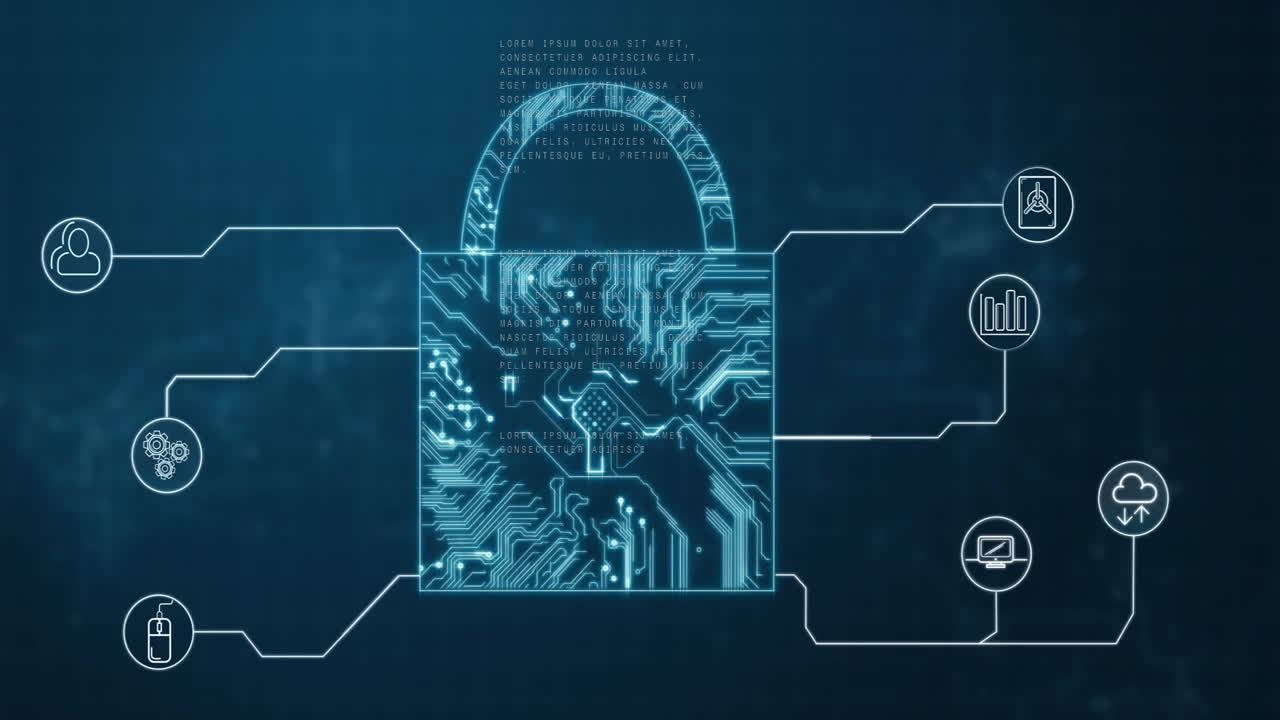animación de candado y red con iconos, procesamiento de datos sobre fondo negro