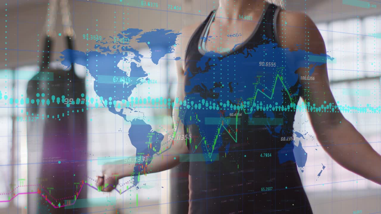 Woman skipping rope in gym, camera rising revealing torso, map overlaying bars tracking fitness