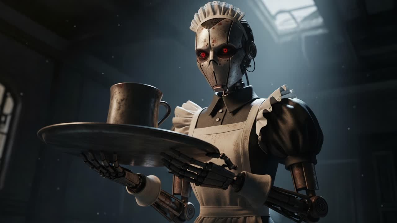 A futuristic robotic maid with glowing red eyes elegantly presents a cup on a tray, showcasing a blend of advanced technology and Victorian-inspired design in a moody interior