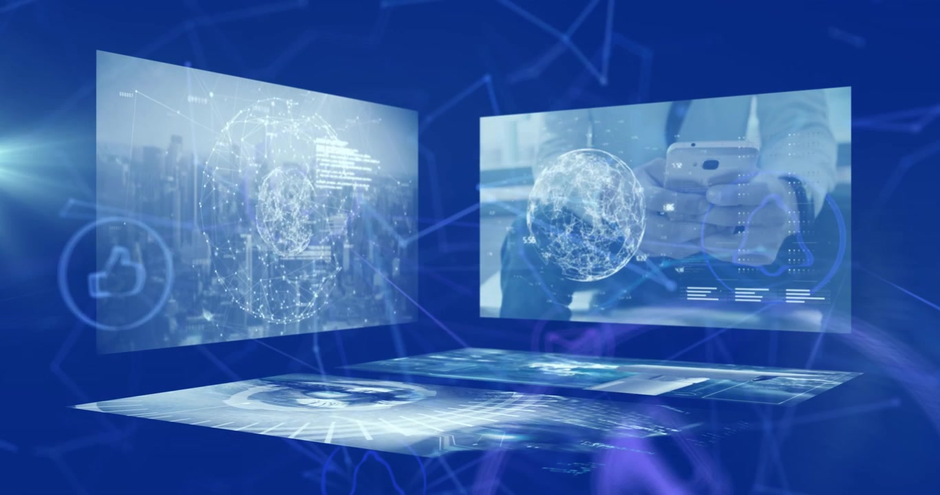 Animation of network of connections over data processing on blue background