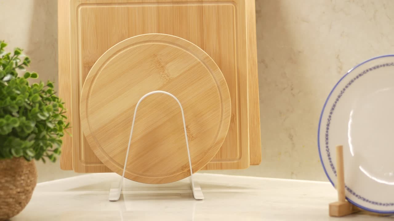 Cutting boards and plates on a countertop
