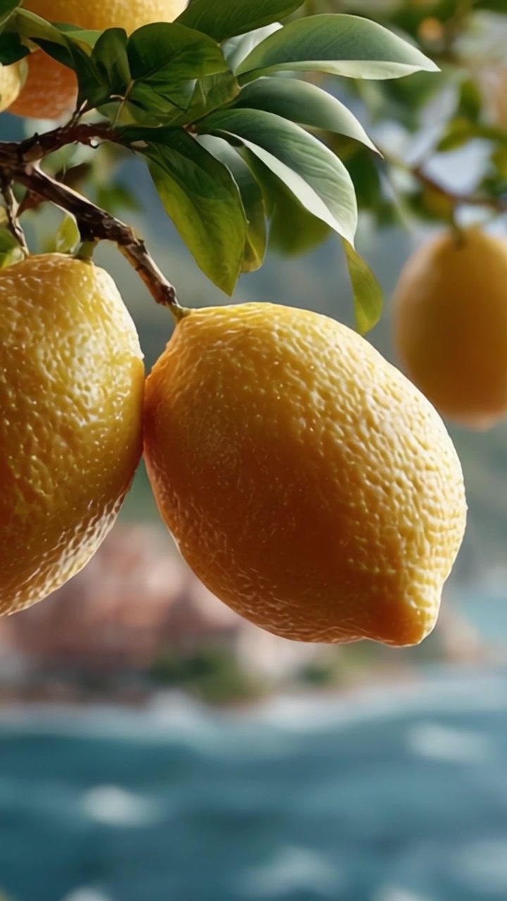 Doğal Bir Ortamda Dokularını ve Ferahlatıcı Renklerini Vurgulayan, Manzaralı Bir Arka Plana Karşı Gür Bir Ağaçtan Sarkan Taze Limonların Canlı Yakın Çekimi
