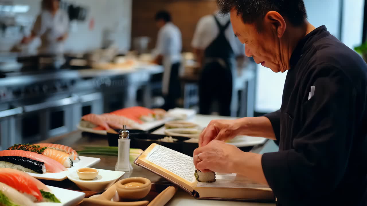 Sushi Chef Reading a Recipe Book