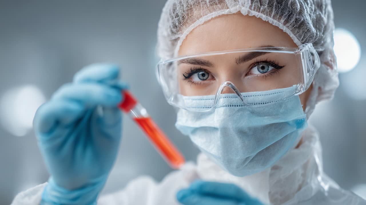 Uno scienziato concentrato esamina meticolosamente una provetta piena di liquido rosso, dimostrando la precisione e l'attenzione ai dettagli essenziali nella ricerca e nell'analisi di laboratorio.