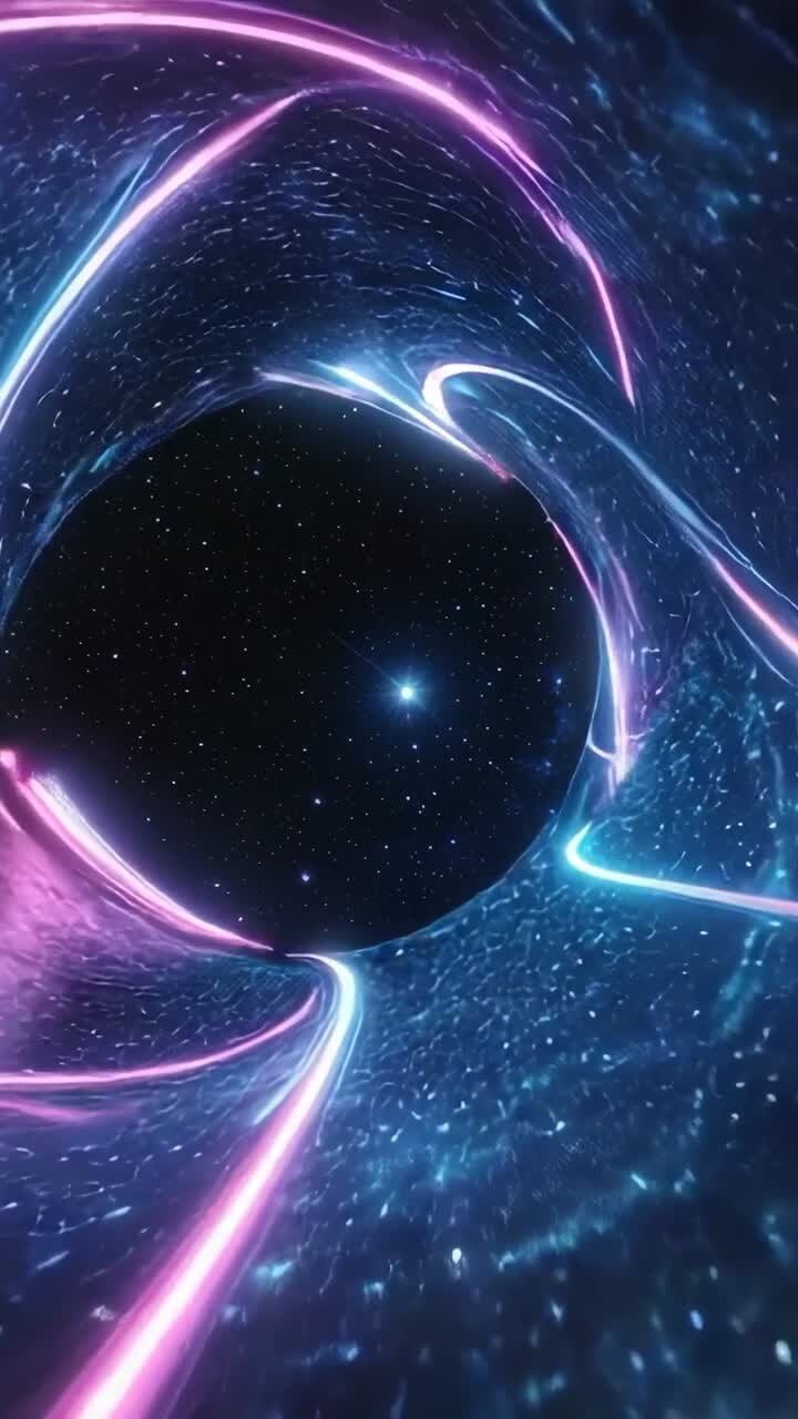 Vertical video: Forming magenta cyan vortex spiraling into aperture in starfield, creating tunnel