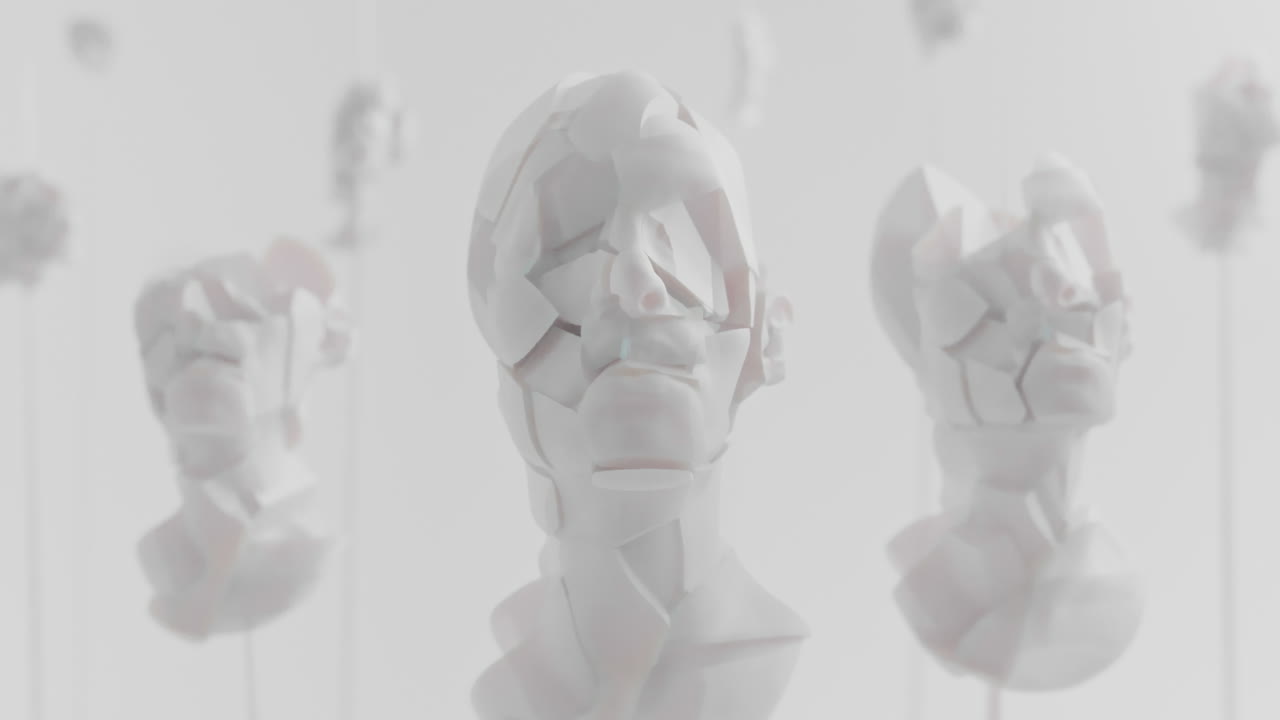 Multiple crushed android heads on spikes in white space