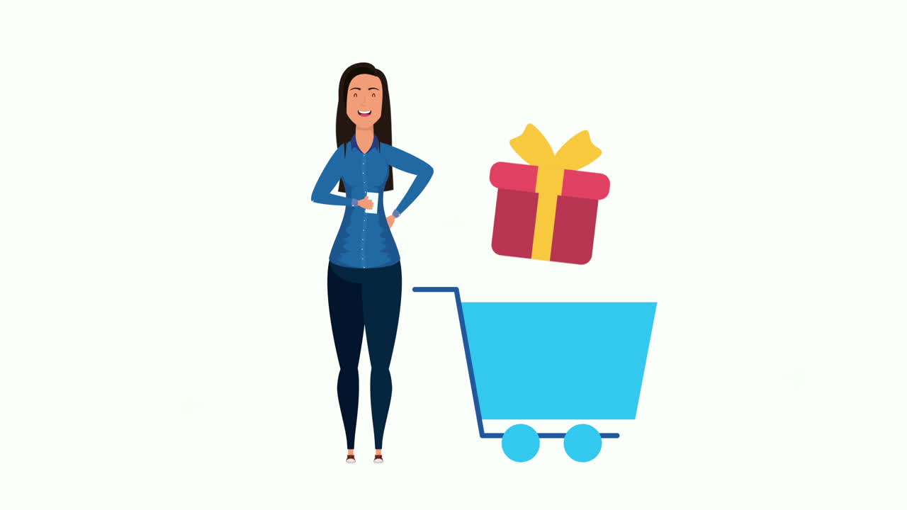 joven mujer de negocios con carrito de compras y regalo