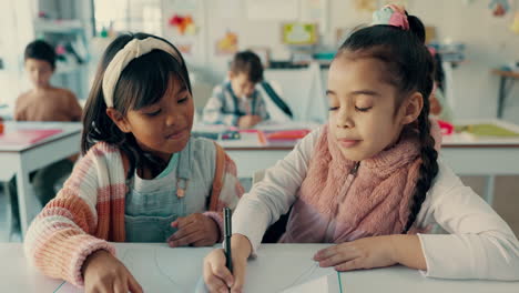 Girl-children,-hug-and-classroom-at-school