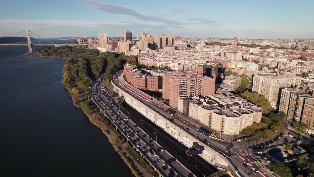 Washington Heights, New York. 4K aerial footage from Hudson River