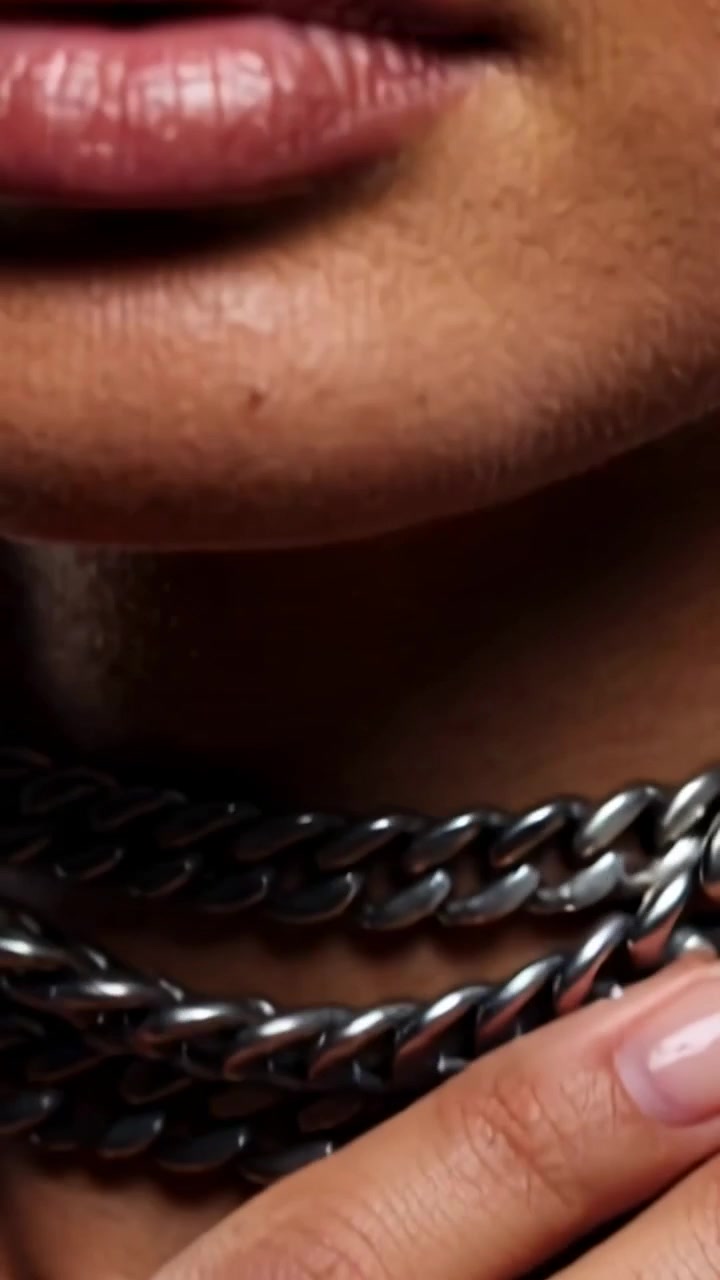 Vertical video: Tilting model moving camera from eye to neck in studio, touching necklace and ring
