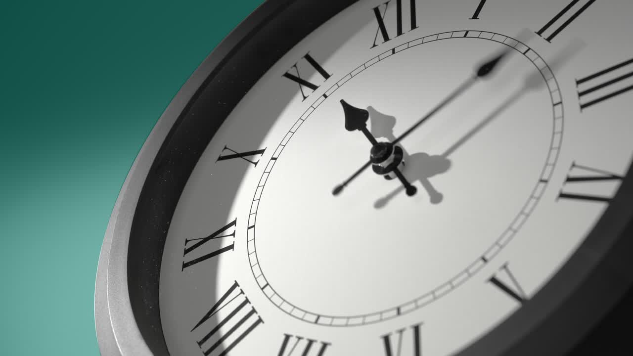 Latin Clock Face on Cyan Blue Aquamarine Celadon Sea-Green Wall in Time Lapse