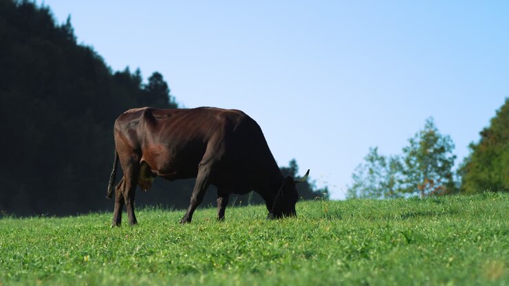 Cow walking at green grass in summer