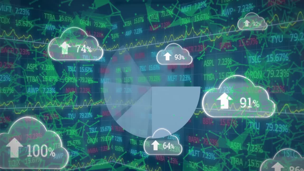 전 세계와 아이콘을 업로드하는 구름의 애니메이션 전 세계를 회전하는 숫자 과정