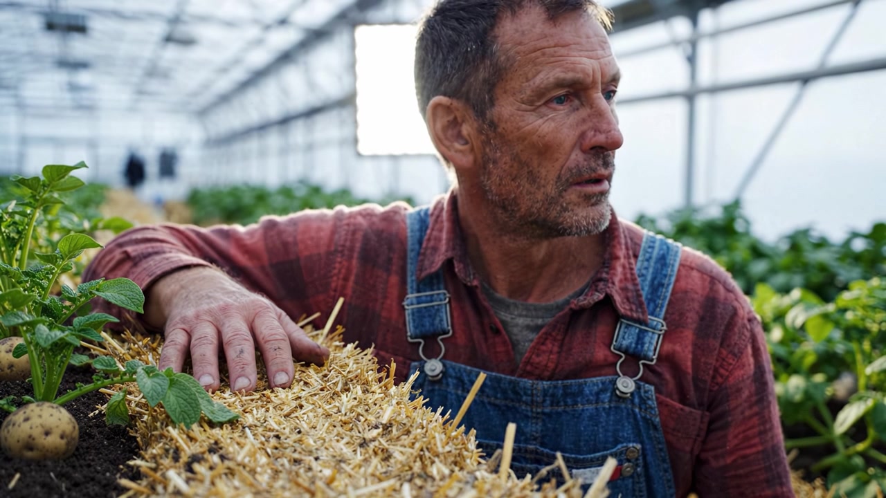 Agricoltore dedicato che si prende cura di una coltivazione di patate in serra, mostrando il suo lavoro e l'impegno per pratiche agricole sostenibili e la salute delle piante in un ambiente controllato
